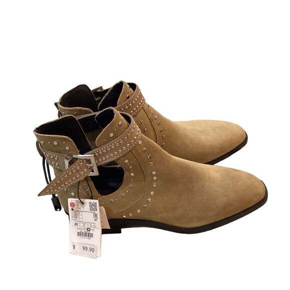 NWT Zara studded leather suede cutout ankle boots size 9 - Picture 4 of 11
